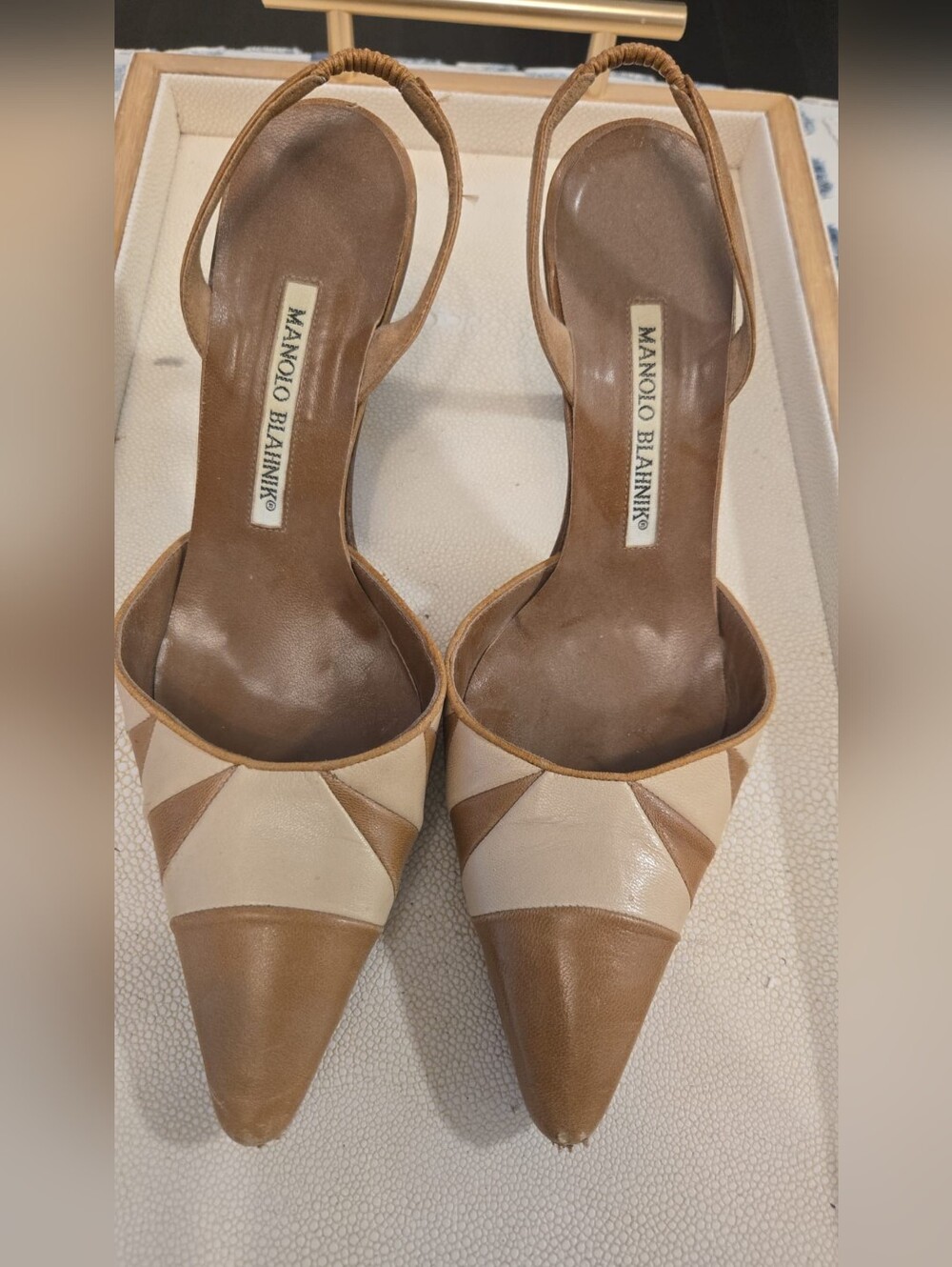Manolo Blahnik Two-Tone Beige and Tan Pointed Toe Slingbacks
